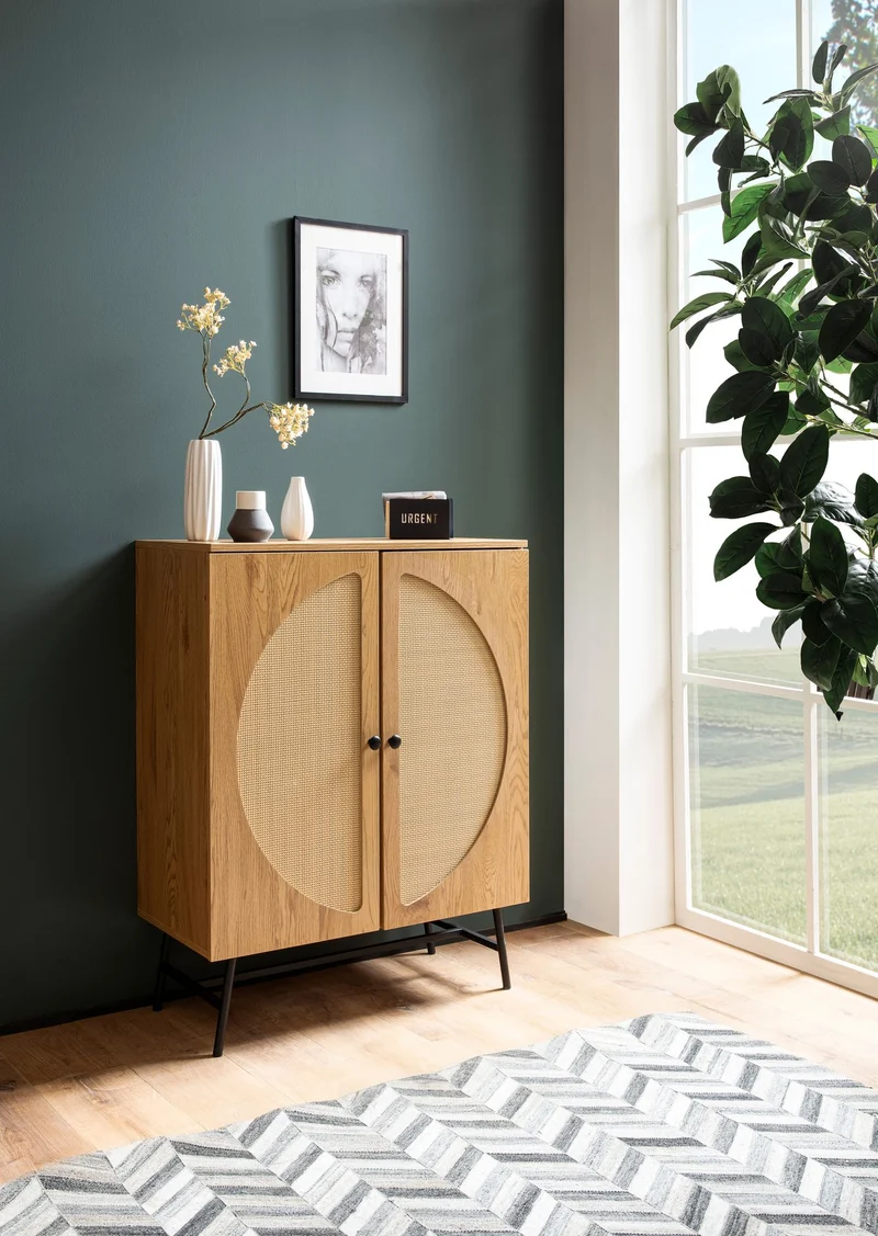 Sideboard Highboard Eiche-Dekor Rattan 80x103x39cm Modern 2 Türen
