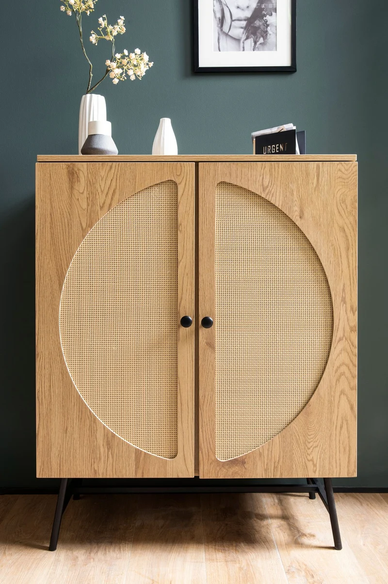 Sideboard Highboard Eiche-Dekor Rattan 80x103x39cm Modern 2 Türen