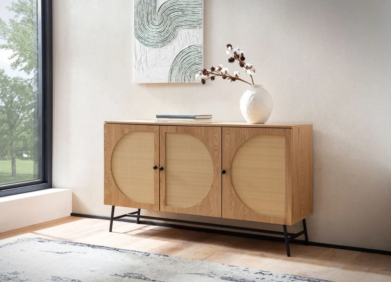 Sideboard 140x80x39cm Eiche-Dekor Rattan Modern 3 Türen Wohnzimmer