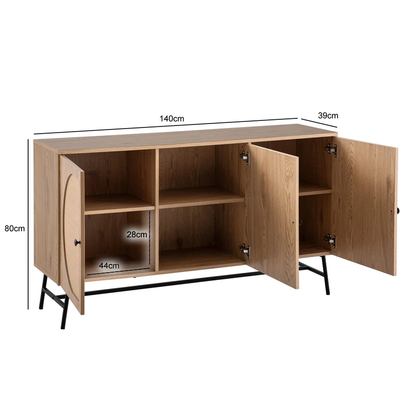 Sideboard 140x80x39cm Eiche-Dekor Rattan Modern 3 Türen Wohnzimmer