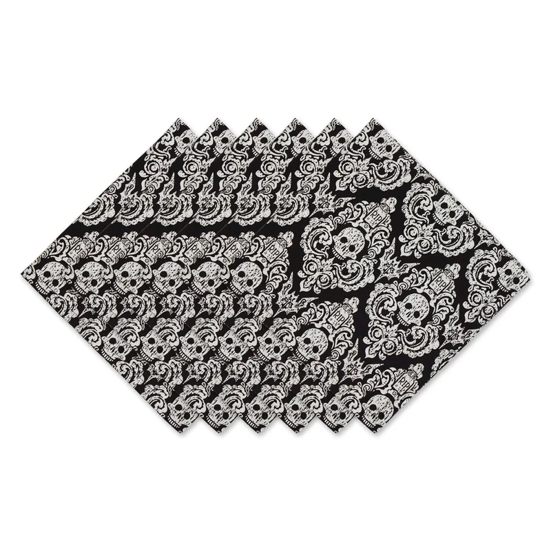 DII Halloween Party Tabletop Decor, Reusable & Machine Washable Cotton Fabric, Napkin Set, 20x20, Black Skull Damask, 6 Piece