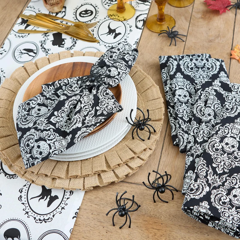 DII Halloween Party Tabletop Decor, Reusable & Machine Washable Cotton Fabric, Napkin Set, 20x20, Black Skull Damask, 6 Piece