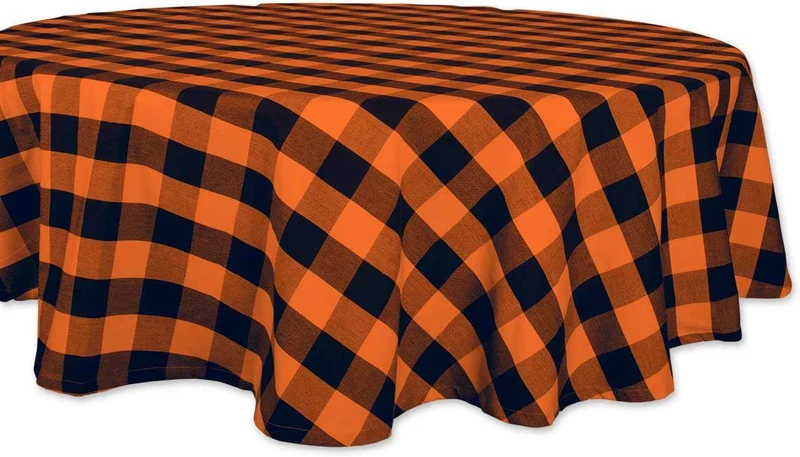 DII 100-Percent Cotton, Machine Washable, Dinner, Halloween Tablecloth 70" Round, Orange and Black Buffalo Check, Seats 4 People