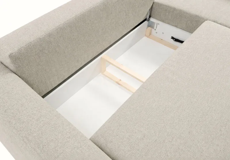 Ecksofa mit Schlaffunktion Zordo, L-förmig, rechtsseitig, mit zwei Aufbewahrungsboxen, hellbeiger Chenille-Stoff