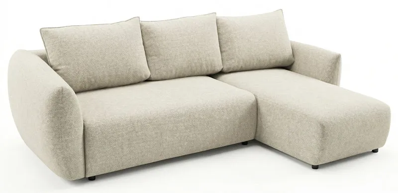 Ecksofa mit Schlaffunktion Zordo, L-förmig, rechtsseitig, mit zwei Aufbewahrungsboxen, hellbeiger Chenille-Stoff