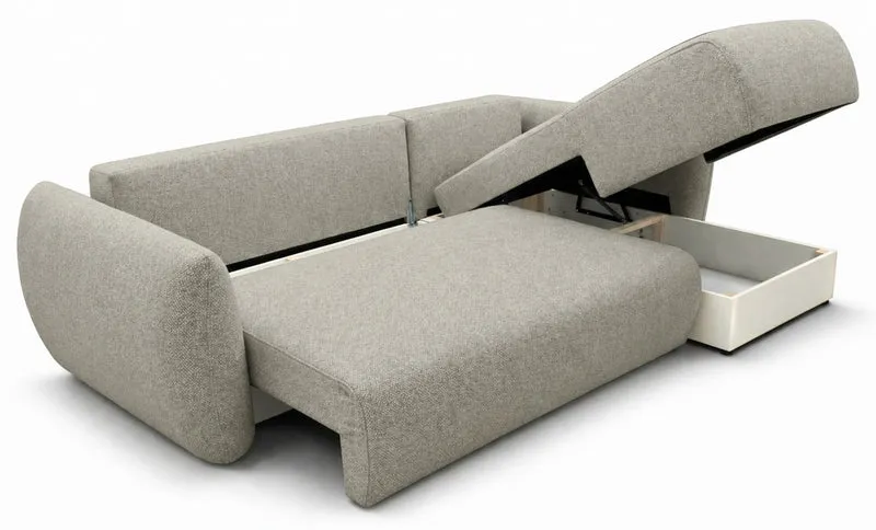Ecksofa mit Schlaffunktion Zordo, L-förmig, rechtsseitig, mit zwei Stauraumfächern, grau-beiger Chenille-Stoff