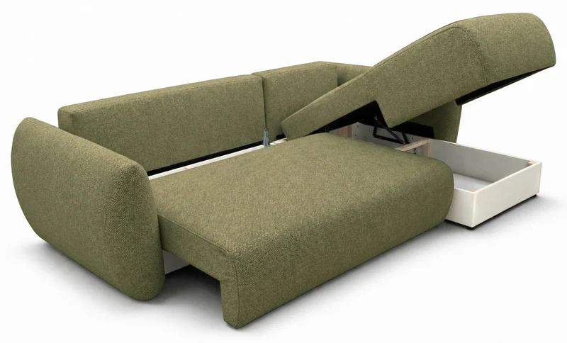 Ecksofa mit Schlaffunktion Zordo, L-förmig, rechtsseitig, mit zwei Stauraumfächern, olivgrüner Chenillestoff