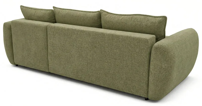 Ecksofa mit Schlaffunktion Zordo, L-förmig, rechtsseitig, mit zwei Stauraumfächern, olivgrüner Chenillestoff