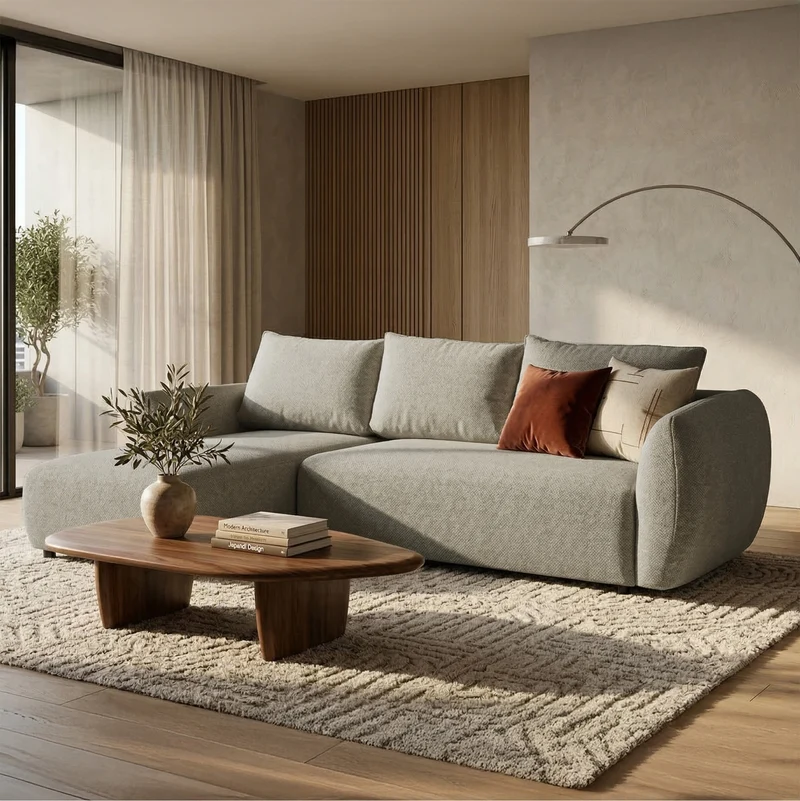 Ecksofa mit Schlaffunktion Zordo, L-förmig, linksseitig, mit zwei Stauraumfächern, grau-beiger Chenille-Stoff