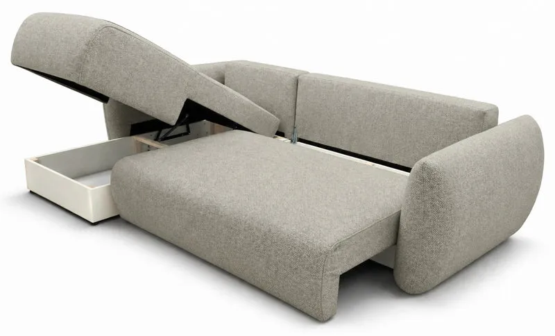 Ecksofa mit Schlaffunktion Zordo, L-förmig, linksseitig, mit zwei Stauraumfächern, grau-beiger Chenille-Stoff