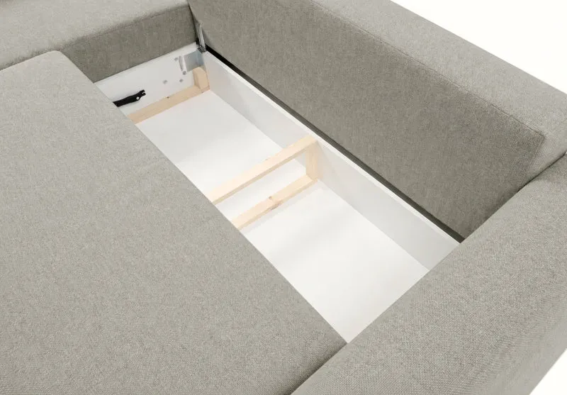 Ecksofa mit Schlaffunktion Zordo, L-förmig, linksseitig, mit zwei Stauraumfächern, grau-beiger Chenille-Stoff