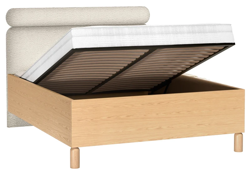 Bett mit gepolstertem Kopfteil 160x200 cm Sanden mit Stauraum und Metallrahmen, cremefarbenes Bouclé, wasserabweisend