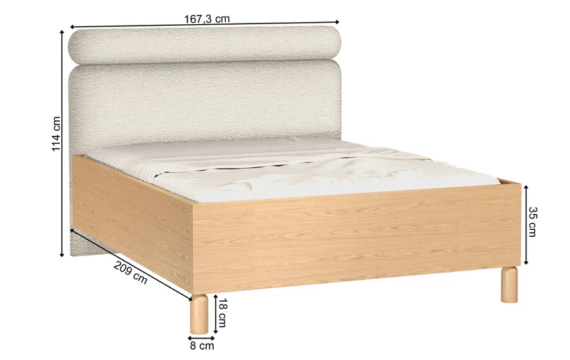 Bett mit gepolstertem Kopfteil 160x200 cm Sanden mit Stauraum und Metallrahmen, cremefarbenes Bouclé, wasserabweisend
