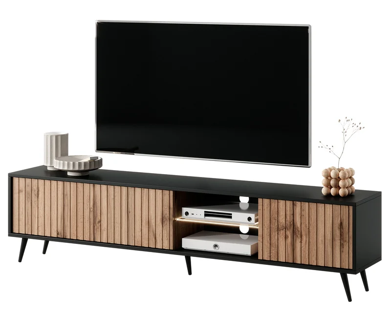 TV-Schrank Bello mit Lamellenfronten 175 cm schwarz/Wotan-Eiche mit LED