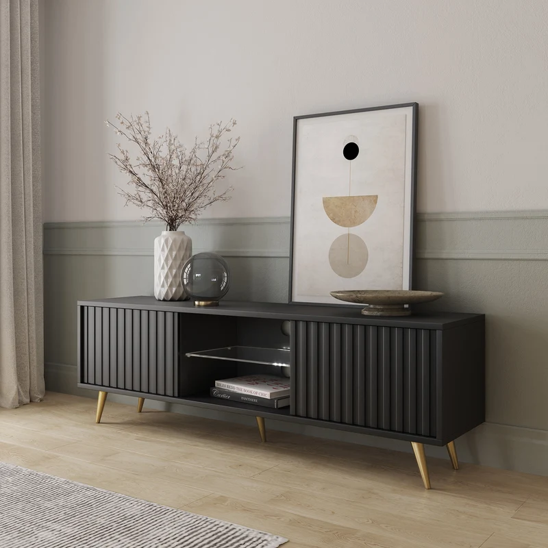 TV-Schrank Bello mit Lamellenfronten, 135 cm, schwarz mit goldenen Beinen