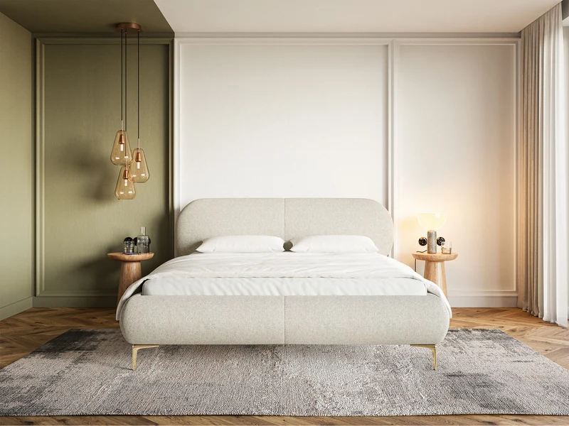 Polsterbett 160x200 cm Ovalle mit Stauraum, Metallrahmen, hellbeige, wasserabweisendes Geflecht, goldene Beine