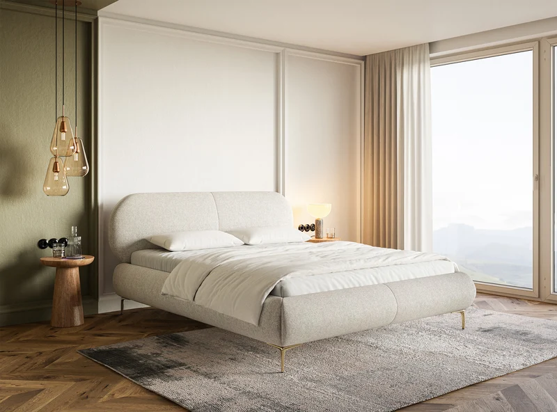 Polsterbett 160x200 cm Ovalle mit Stauraum, Metallrahmen, hellbeige, wasserabweisendes Geflecht, goldene Beine