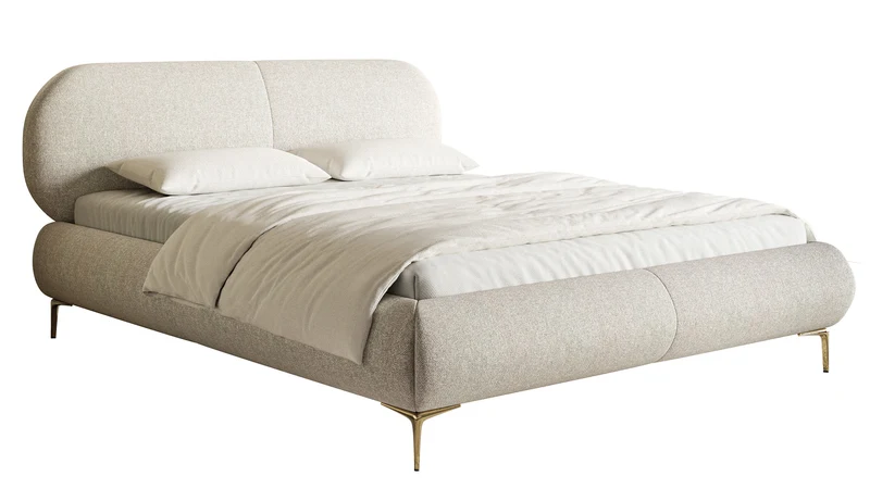 Polsterbett 160x200 cm Ovalle mit Stauraum, Metallrahmen, hellbeige, wasserabweisendes Geflecht, goldene Beine