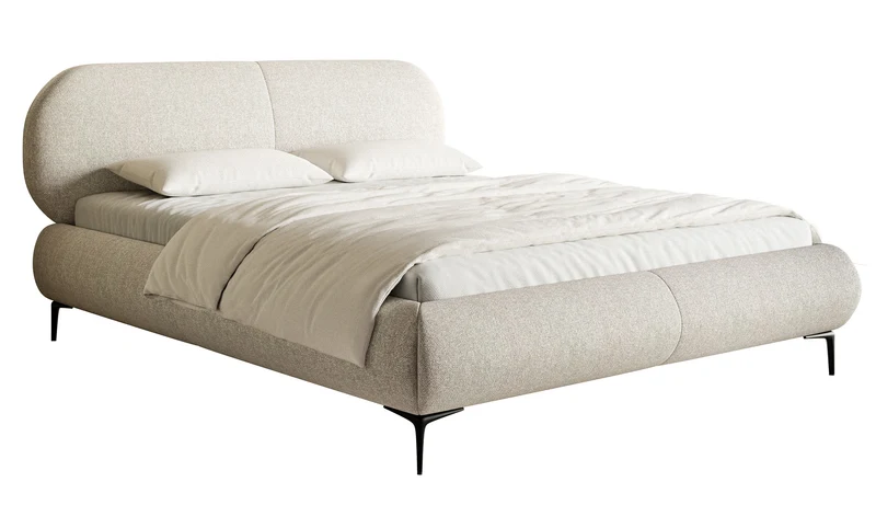 Gepolstertes Bett 160x200 cm Ovalle hellbeige, wasserabweisendes Geflecht, schwarze Beine
