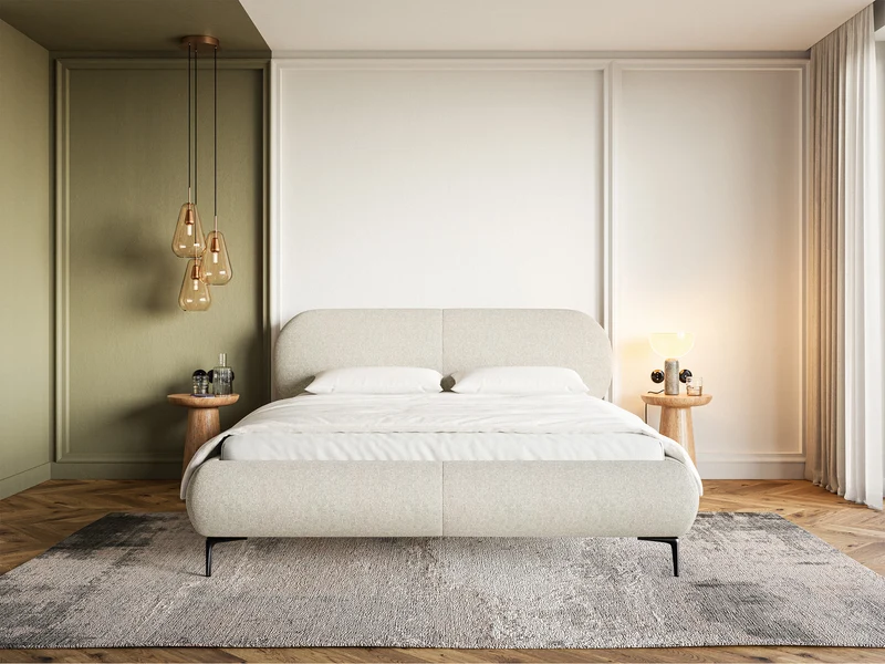 Gepolstertes Bett 160x200 cm Ovalle hellbeige, wasserabweisendes Geflecht, schwarze Beine
