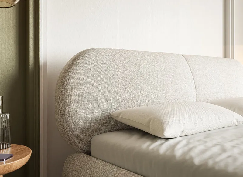 Gepolstertes Bett 160x200 cm Ovalle hellbeige, wasserabweisendes Geflecht, schwarze Beine