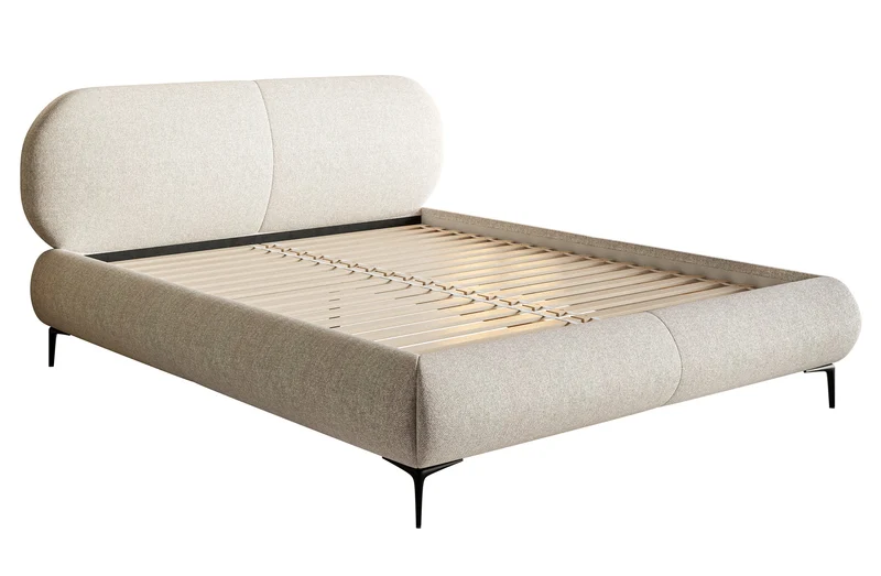 Gepolstertes Bett 160x200 cm Ovalle hellbeige, wasserabweisendes Geflecht, schwarze Beine