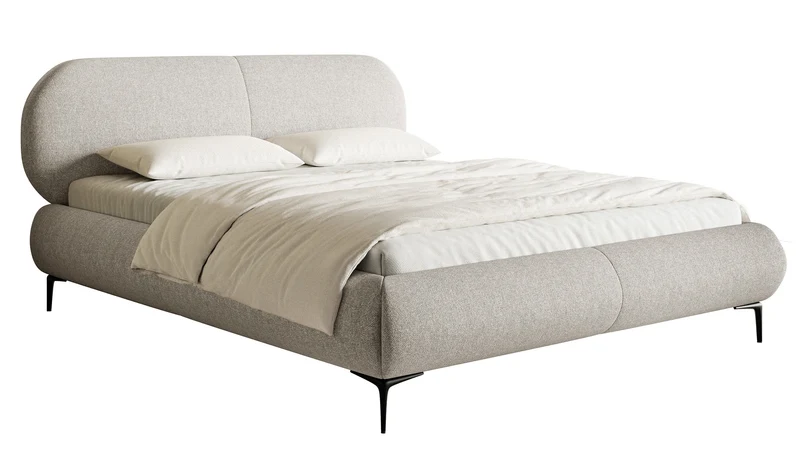 Gepolstertes Bett 180x200 cm Ovalle, grau-beige, wasserabweisendes Geflecht, schwarze Beine