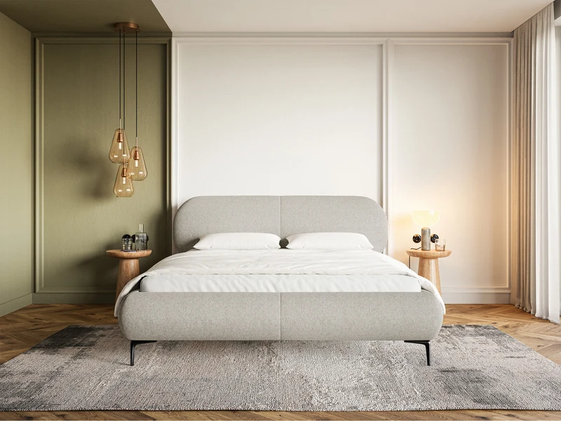 Gepolstertes Bett 180x200 cm Ovalle, grau-beige, wasserabweisendes Geflecht, schwarze Beine
