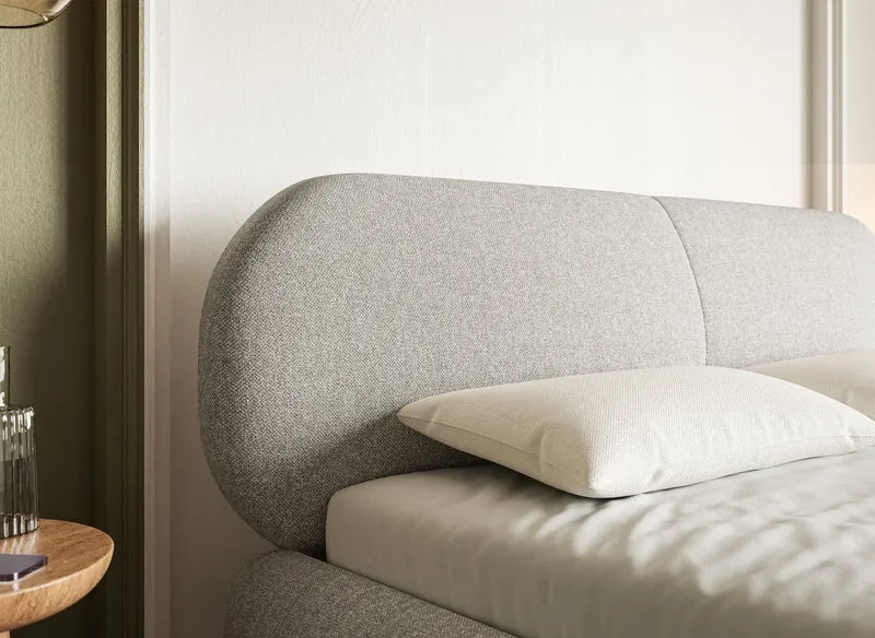 Gepolstertes Bett 180x200 cm Ovalle, grau-beige, wasserabweisendes Geflecht, schwarze Beine