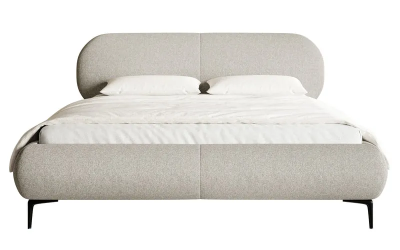 Gepolstertes Bett 180x200 cm Ovalle, grau-beige, wasserabweisendes Geflecht, schwarze Beine