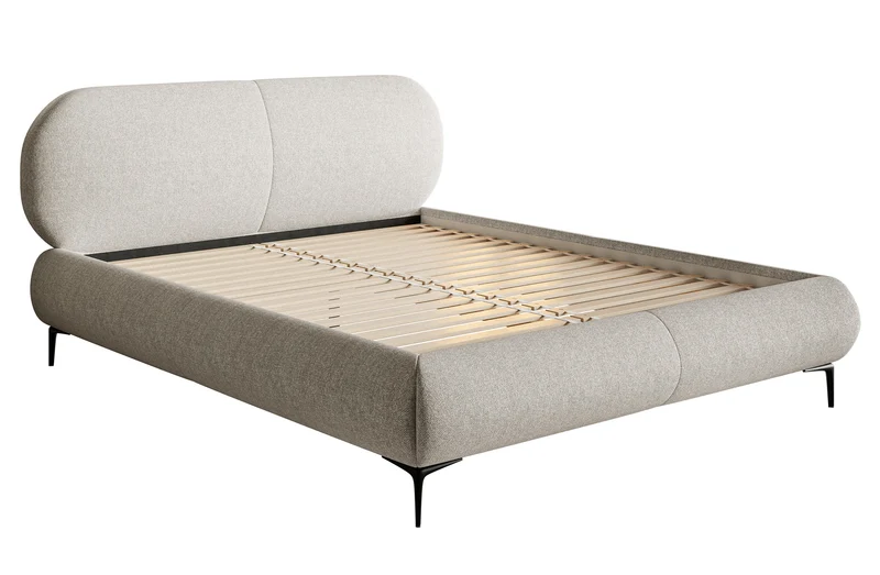 Gepolstertes Bett 180x200 cm Ovalle, grau-beige, wasserabweisendes Geflecht, schwarze Beine