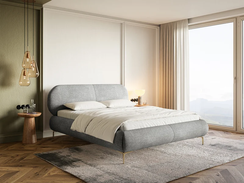 Polsterbett 180x200 cm Ovalle mit Stauraum, Metallrahmen, grauer Chenille-Bezug, goldene Beine