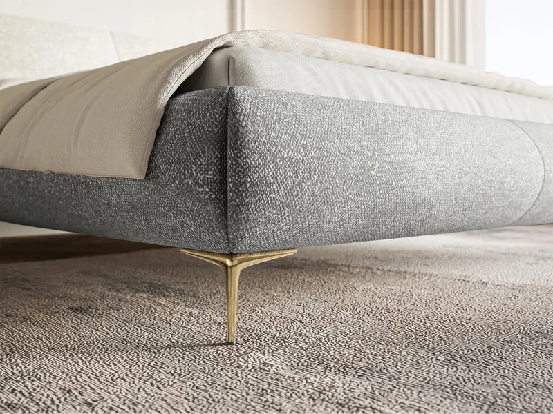 Polsterbett 180x200 cm Ovalle mit Stauraum, Metallrahmen, grauer Chenille-Bezug, goldene Beine