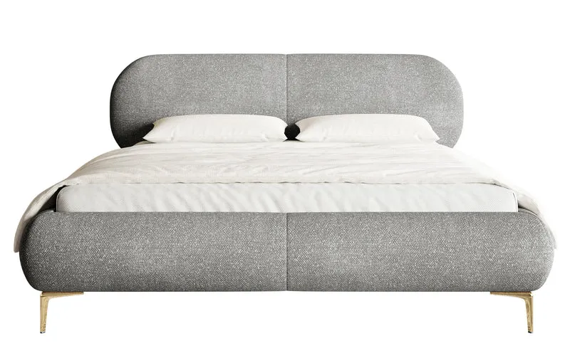 Polsterbett 180x200 cm Ovalle mit Stauraum, Metallrahmen, grauer Chenille-Bezug, goldene Beine