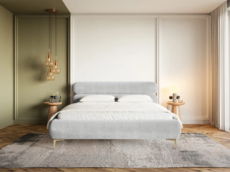 Polsterbett 140x200 cm Roule hellgrauer Velours, wasserabweisend, goldene Beine