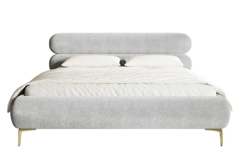 Gepolstertes Bett 160x200 cm Roule mit Stauraum, Metallrahmen, hellgrauer hydrophober Samt, goldene Beine