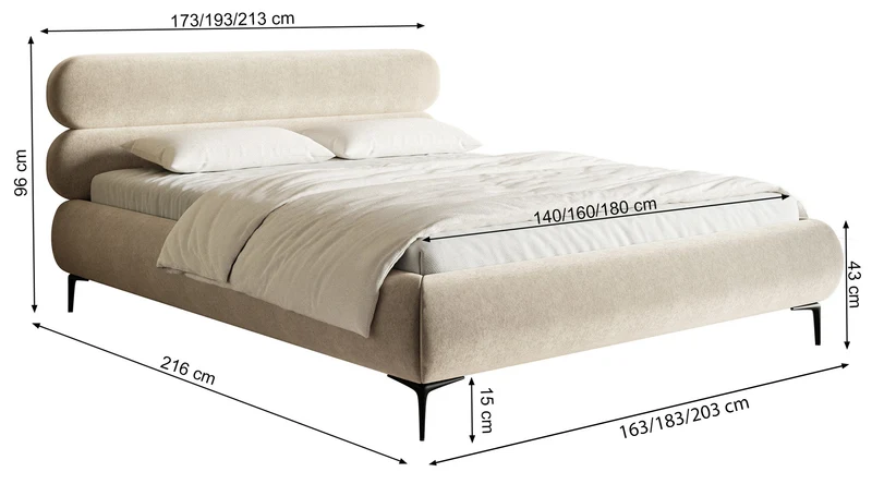 Polsterbett 160x200 cm Roule, cremefarbener Chenille-Stoff, schwarze Füße