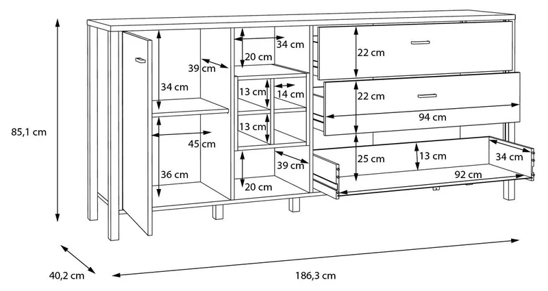Sideboard Kommode HIGH ROCK 186 cm Riviera Eiche Optik /Schwarz, Forte