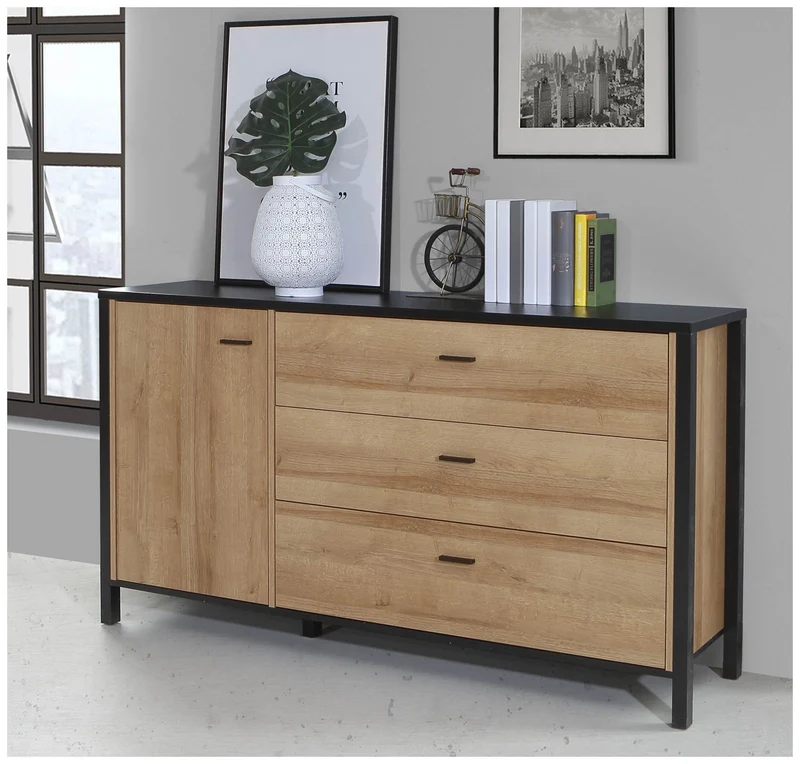 Sideboard Kommode HIGH ROCK Riviera Eiche Optik / Schwarz, Forte