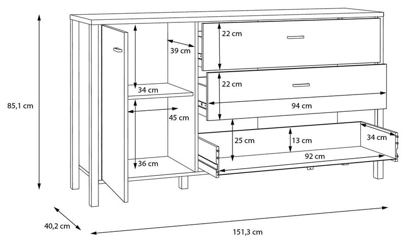 Sideboard Kommode HIGH ROCK Riviera Eiche Optik / Schwarz, Forte