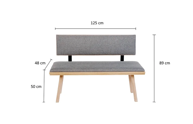 Sitzbank 'Die Zeitlose', 125 cm mit Lehne, Stoff Grau