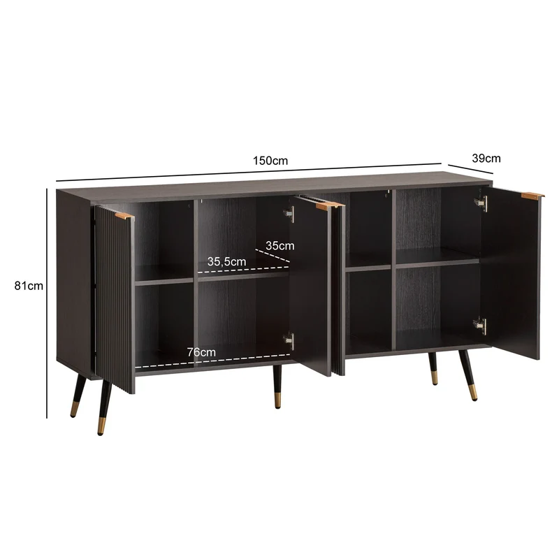 Sideboard 150x81x39cm Schwarz Eiche-Dekor Türen Metallbeine Modern