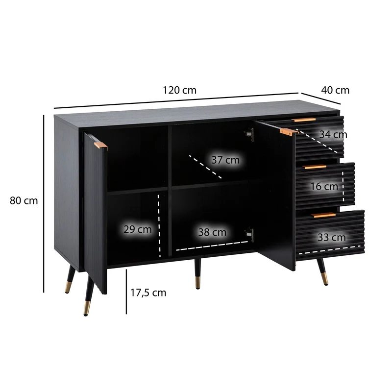 Sideboard 120x80x40cm Schwarz Eiche-Dekor Türen Schubladen Modern
