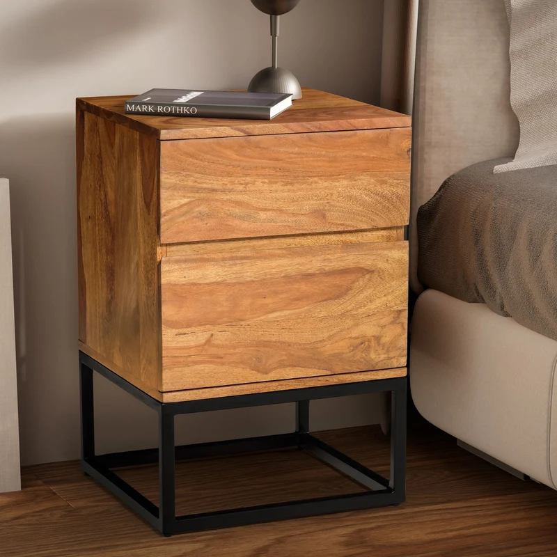 Nachttisch Sheesham Massivholz Metall 2 Schubladen Industrial 40x38x60cm