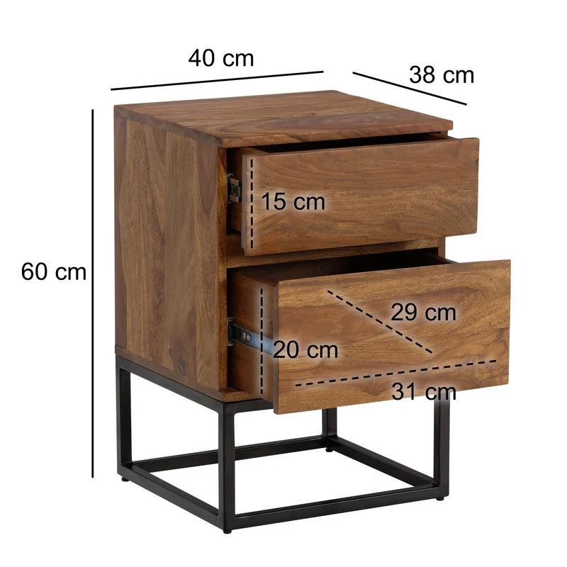 Nachttisch Sheesham Massivholz Metall 2 Schubladen Industrial 40x38x60cm