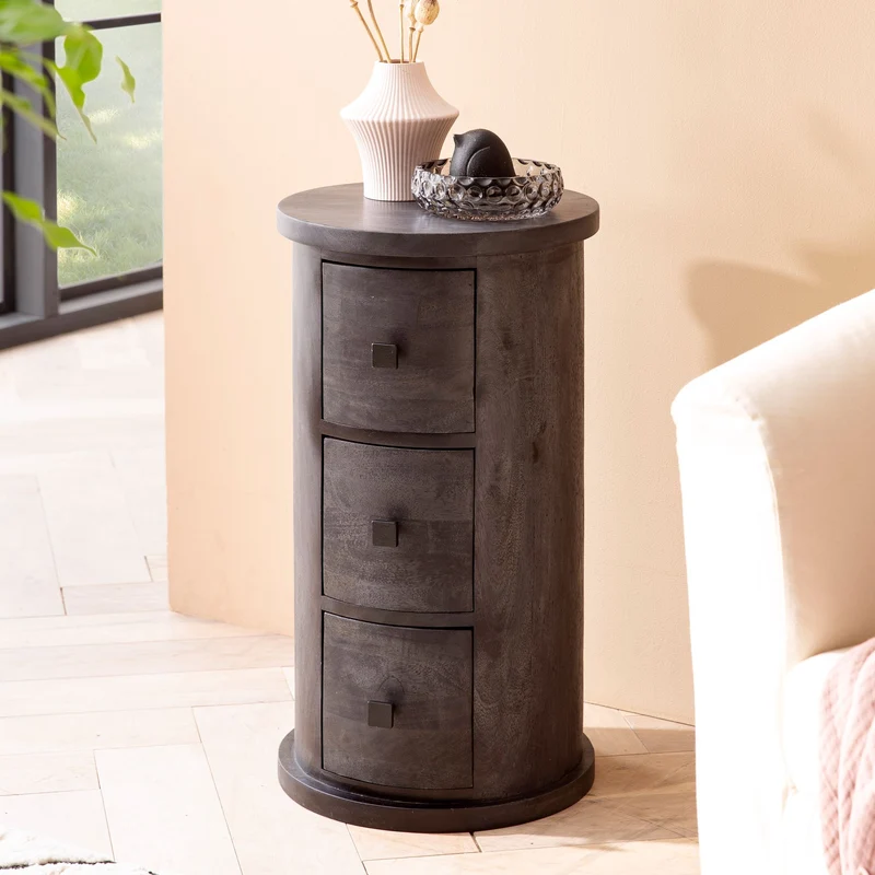 Sideboard Mango Massivholz Schwarz 3 Schubladen 34x65x34 cm