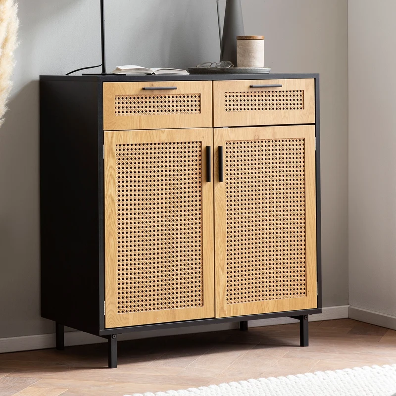 Sideboard 80x86,5x40 cm Schwarz Wiener Geflecht Rattan 2 Türen Schubladen