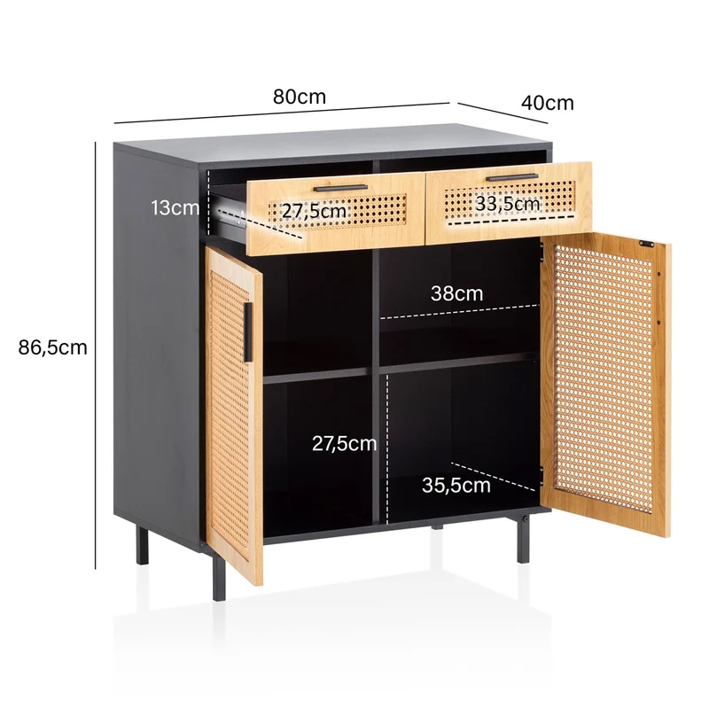 Sideboard 80x86,5x40 cm Schwarz Wiener Geflecht Rattan 2 Türen Schubladen