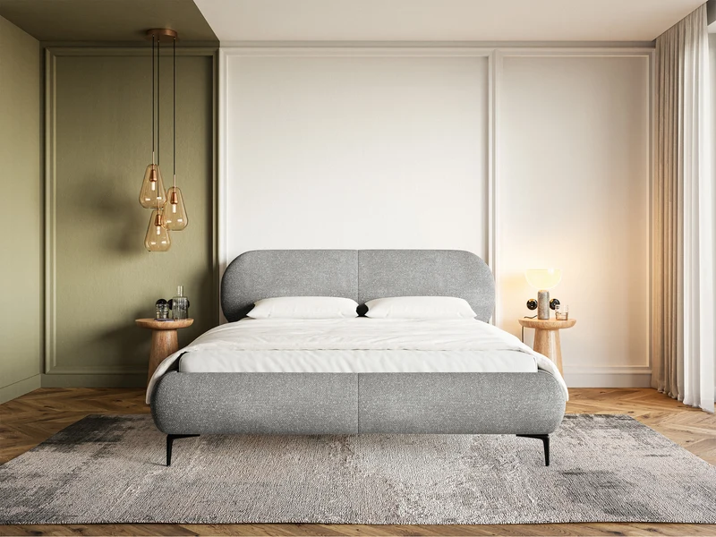 Gepolstertes Bett 180x200 cm Ovalle, grauer Chenille-Stoff, schwarze Beine