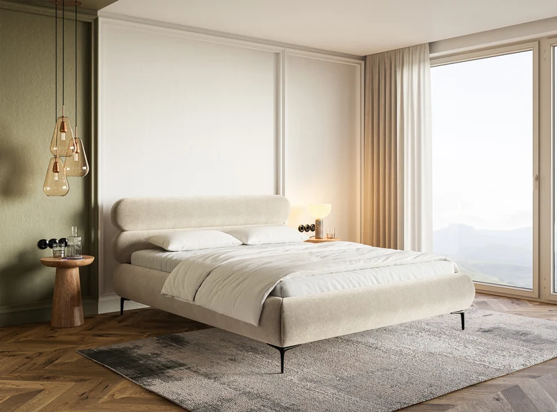 Polsterbett 140x200 cm Roule hellbeige Velours wasserabweisend schwarze Beine